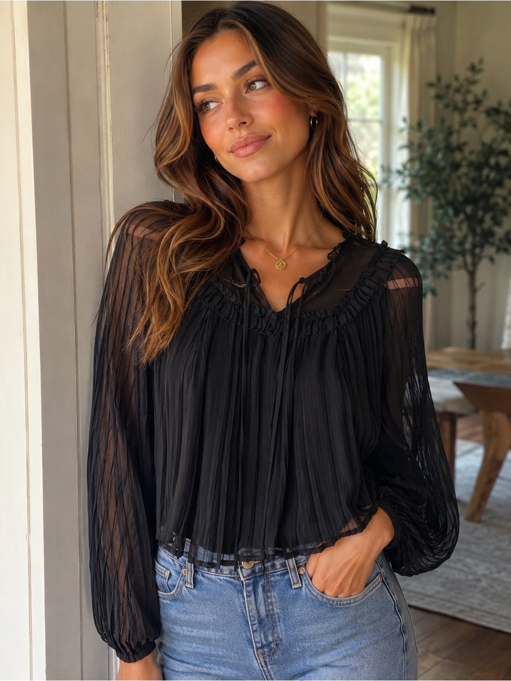 Topshop Black Pleated Ruffle-Trim Blouse